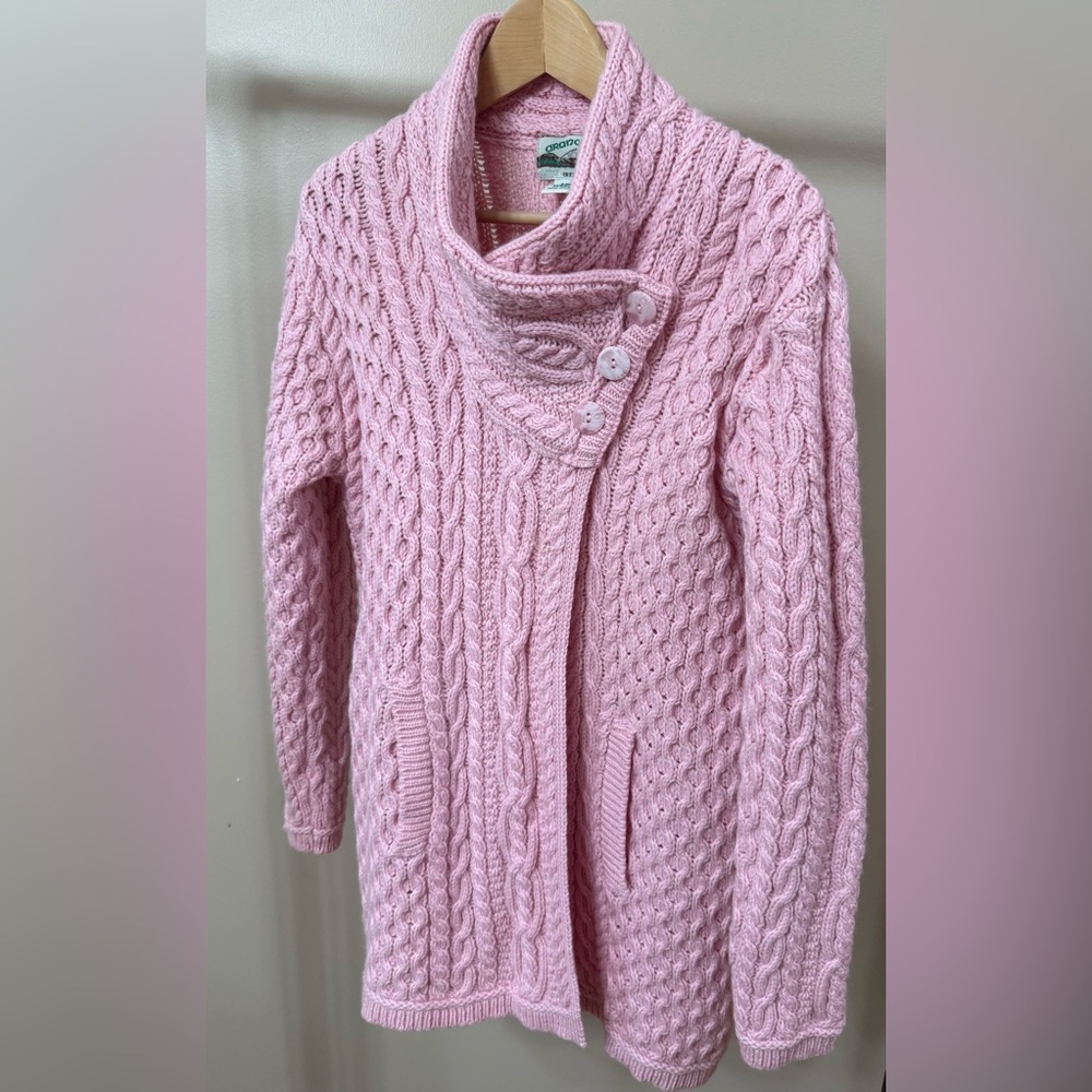 Aran Crafts Pink Cowl Neck Cable Knit Sweater Wool
